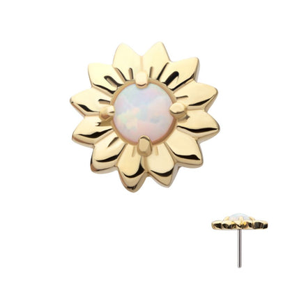 14Kt Yellow Gold Threadless Prong Set Round White Opal Sunflower Top