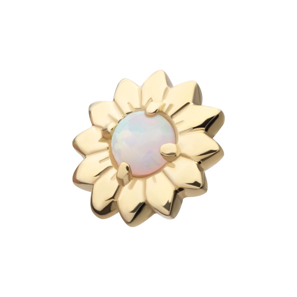 14Kt Yellow Gold Threadless Prong Set Round White Opal Sunflower Top
