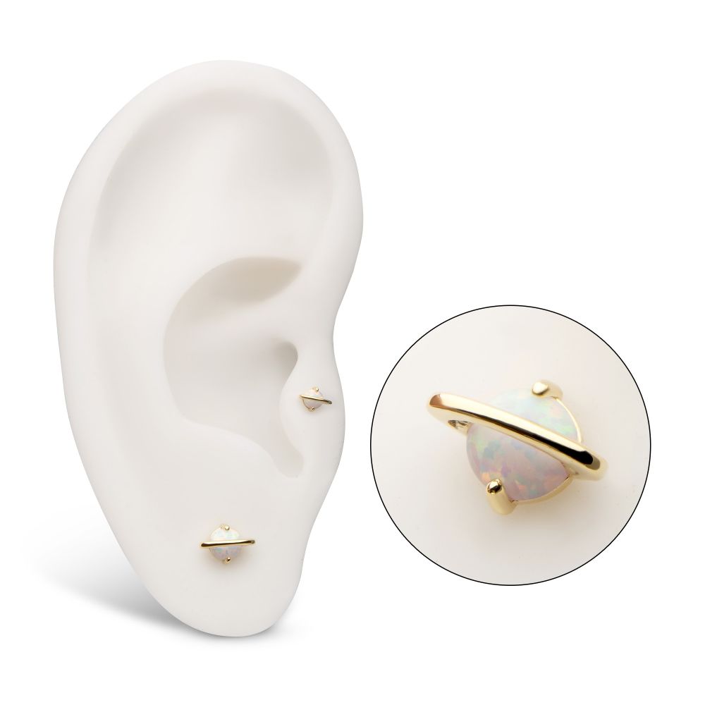 14kt Yellow Gold Threadless Planet Top with Prong Set White Opal