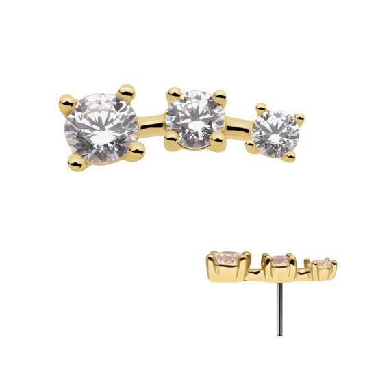 14Kt Yellow Gold Threadless with Prong Set CZ 3-Cluster Top