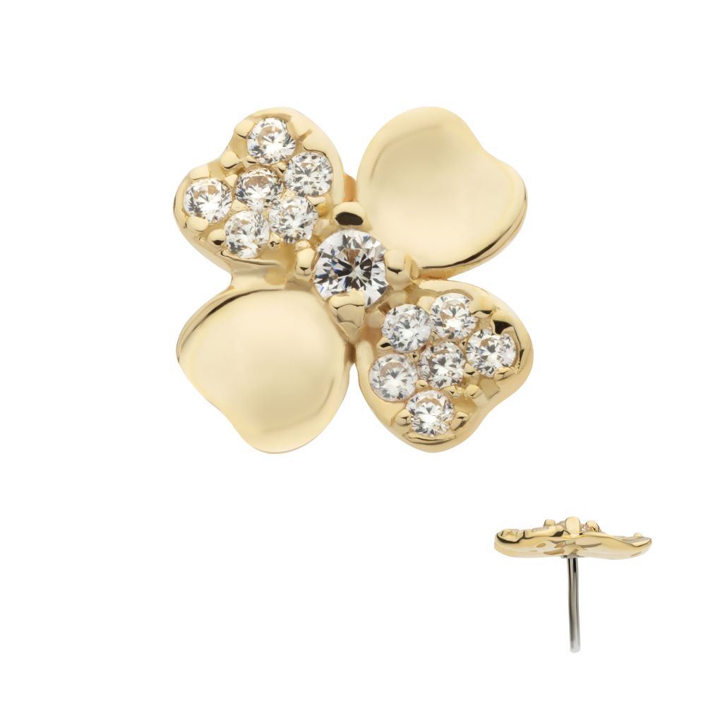 14Kt Yellow Gold Threadless Pave Set Round CZ Gem 3D Clover Top