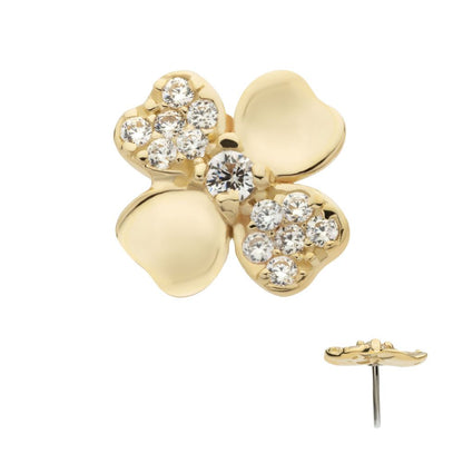 14Kt Yellow Gold Threadless Pave Set Round CZ Gem 3D Clover Top