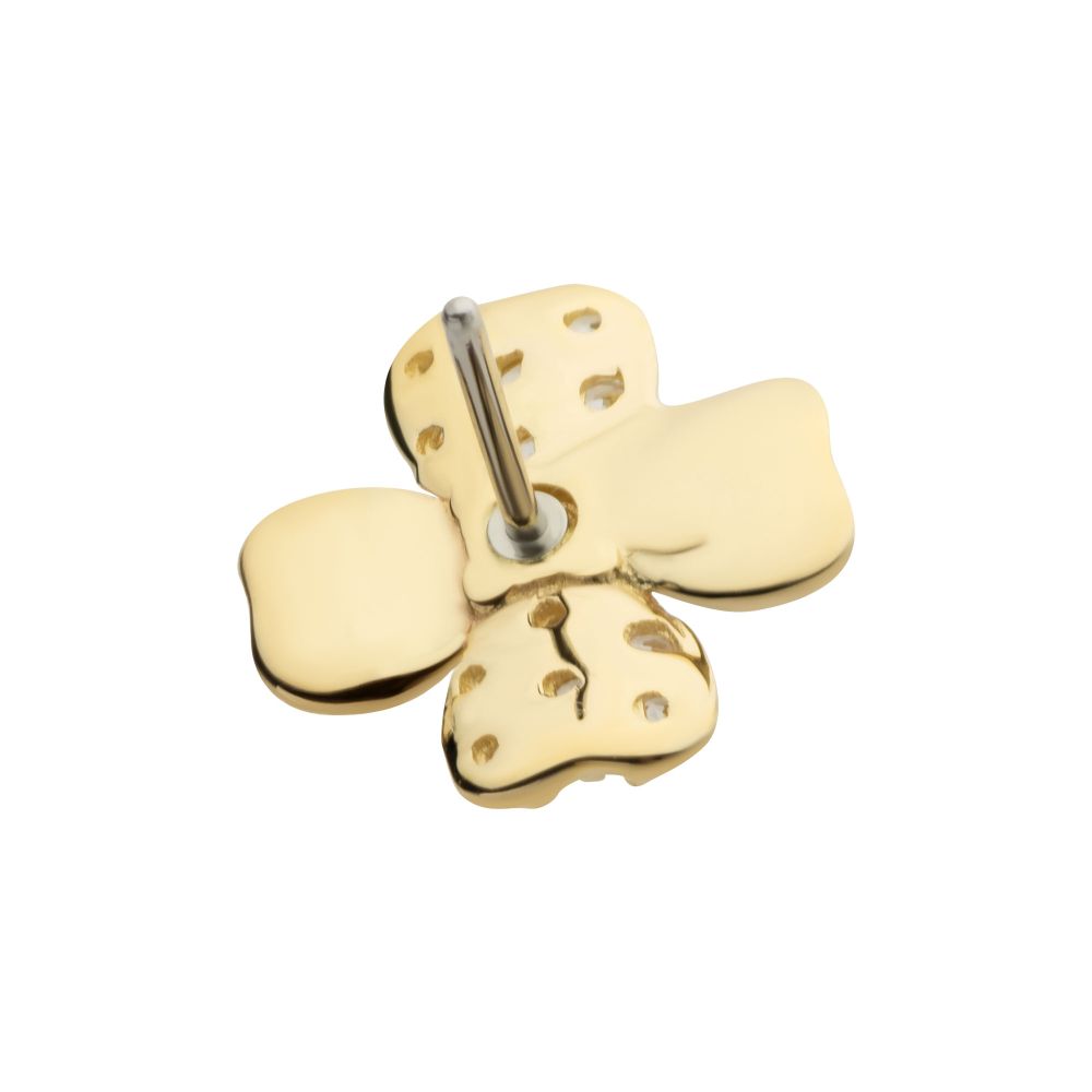 14Kt Yellow Gold Threadless Pave Set Round CZ Gem 3D Clover Top