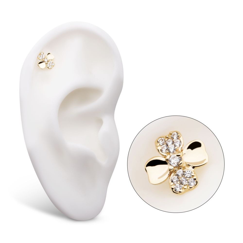 14Kt Yellow Gold Threadless Pave Set Round CZ Gem 3D Clover Top