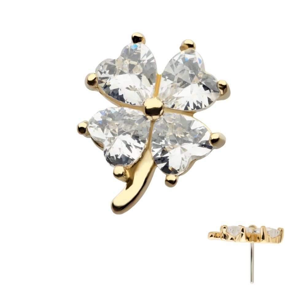 14Kt Yellow Gold Threadless Prong Set Heart CZ Gem 4-Petal Clover Top