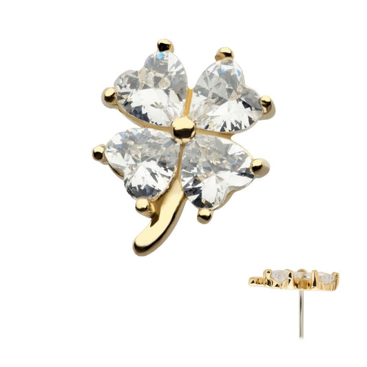 14Kt Yellow Gold Threadless Prong Set Heart CZ Gem 4-Petal Clover Top