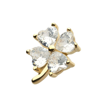 14Kt Yellow Gold Threadless Prong Set Heart CZ Gem 4-Petal Clover Top