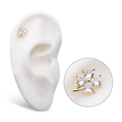 14Kt Yellow Gold Threadless Prong Set Heart CZ Gem 4-Petal Clover Top