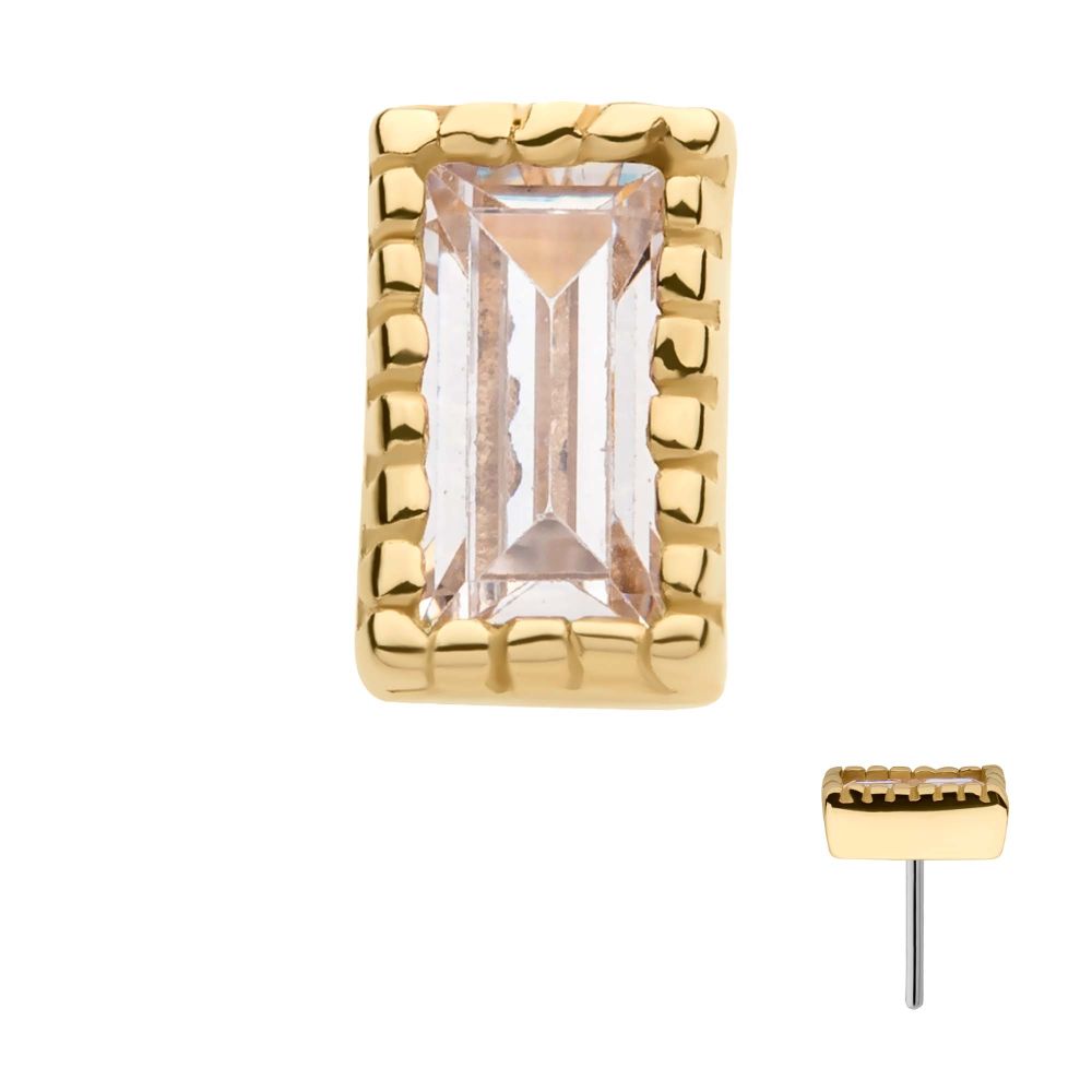 14Kt Yellow Gold Threadless with Baguette CZ Rectangular Top