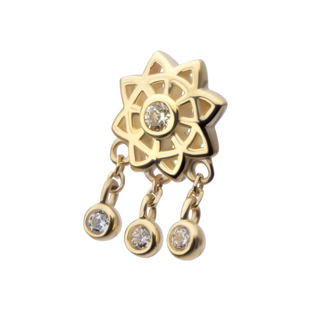 14Kt Yellow Gold Threadless Mandala Flower Top with Triple Bezel Set Gem Dangle