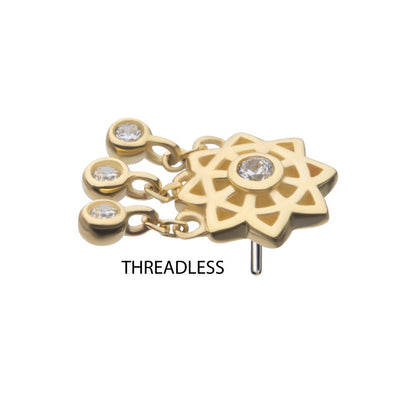 14Kt Yellow Gold Threadless Mandala Flower Top with Triple Bezel Set Gem Dangle