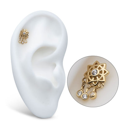 14Kt Yellow Gold Threadless Mandala Flower Top with Triple Bezel Set Gem Dangle