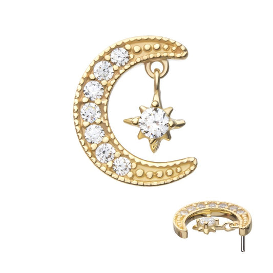 14kt Yellow Gold Threadless Pave Set Gem Crescent Moon with Floating Star Gem Top