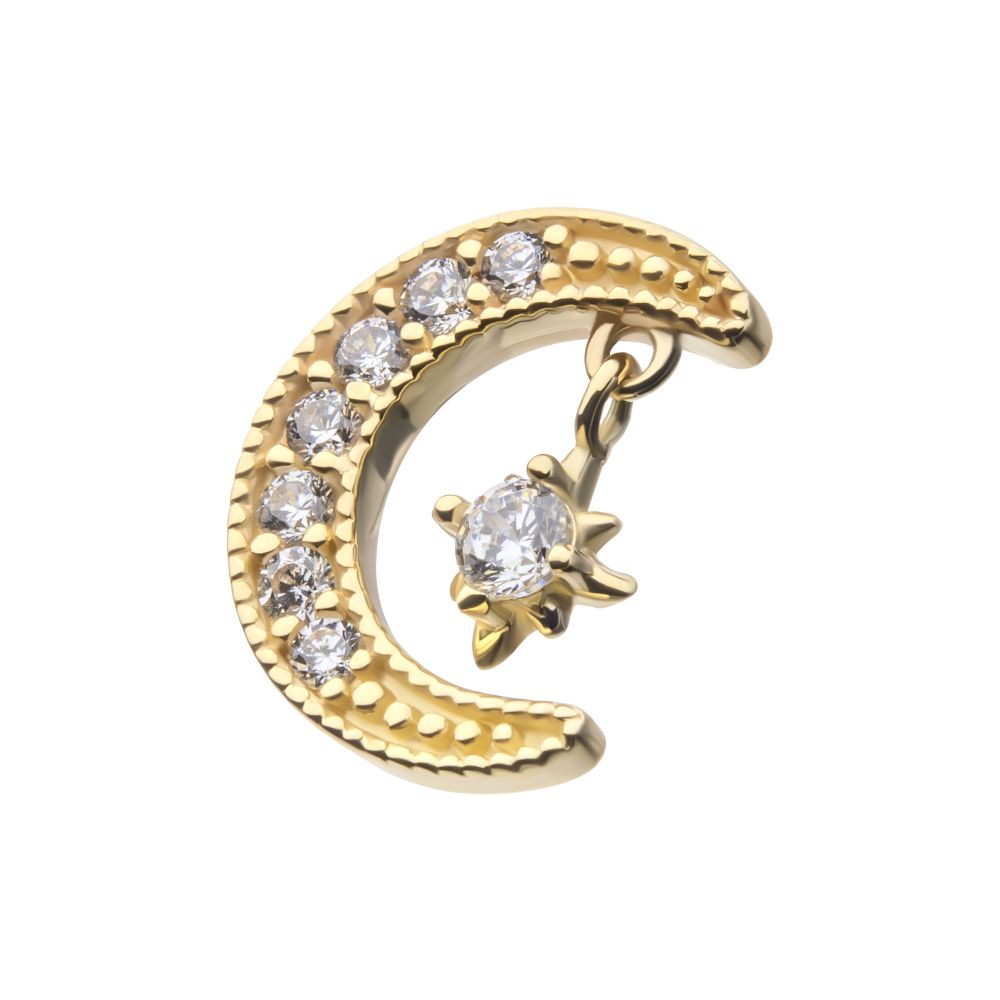 14kt Yellow Gold Threadless Pave Set Gem Crescent Moon with Floating Star Gem Top