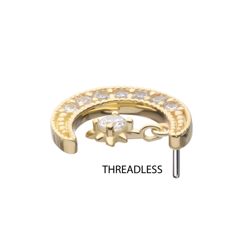 14kt Yellow Gold Threadless Pave Set Gem Crescent Moon with Floating Star Gem Top