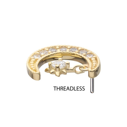 14kt Yellow Gold Threadless Pave Set Gem Crescent Moon with Floating Star Gem Top