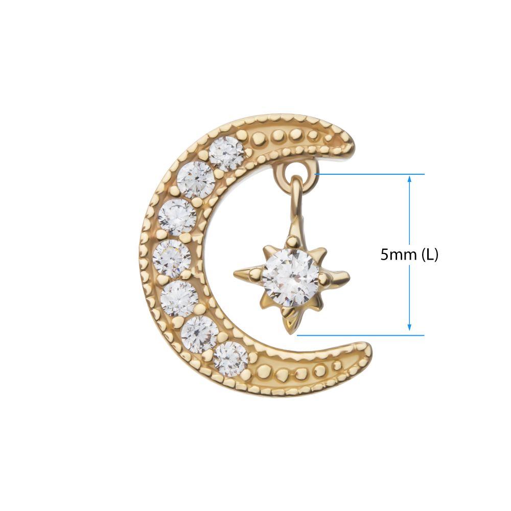 14kt Yellow Gold Threadless Pave Set Gem Crescent Moon with Floating Star Gem Top