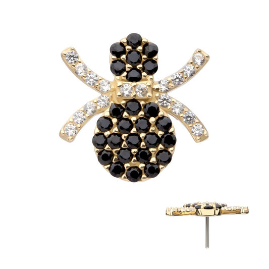 14Kt Yellow Gold Threadless Pave Set Full Clear and Black Gem Spider Top