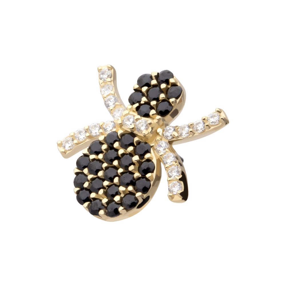 14Kt Yellow Gold Threadless Pave Set Full Clear and Black Gem Spider Top