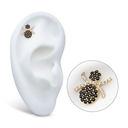 14Kt Yellow Gold Threadless Pave Set Full Clear and Black Gem Spider Top