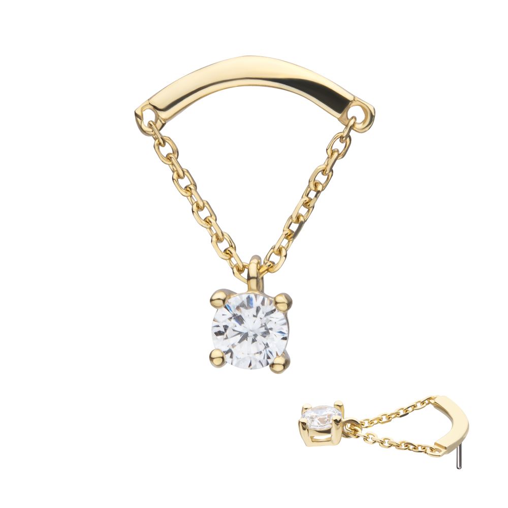 14Kt Yellow Gold Threadless Curved Bar Top with 4-Prong Gem Dangle