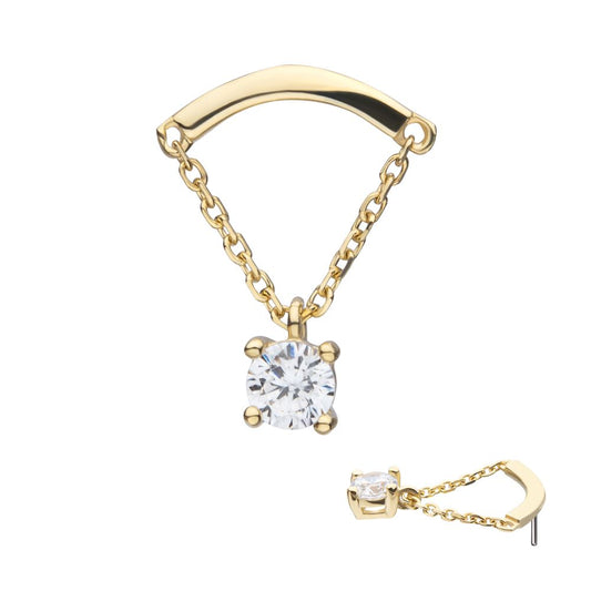 14Kt Yellow Gold Threadless Curved Bar Top with 4-Prong Gem Dangle