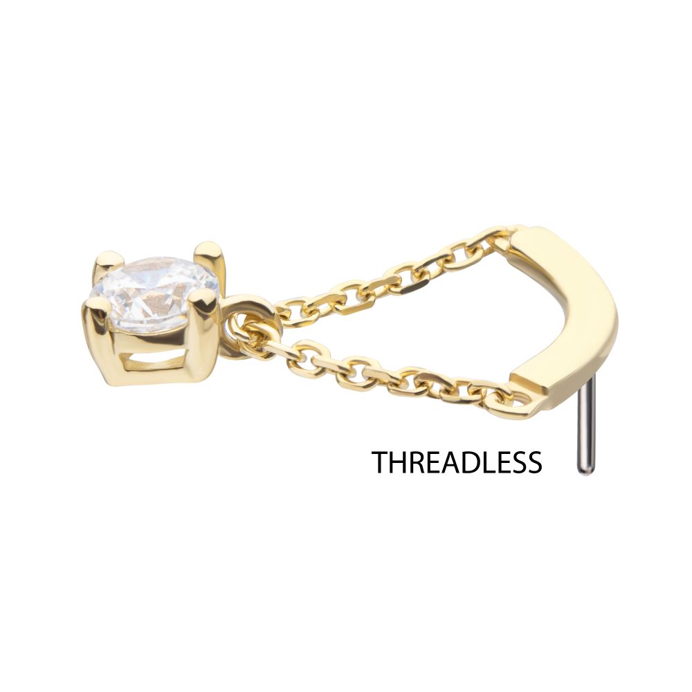 14Kt Yellow Gold Threadless Curved Bar Top with 4-Prong Gem Dangle