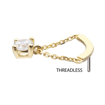 14Kt Yellow Gold Threadless Curved Bar Top with 4-Prong Gem Dangle