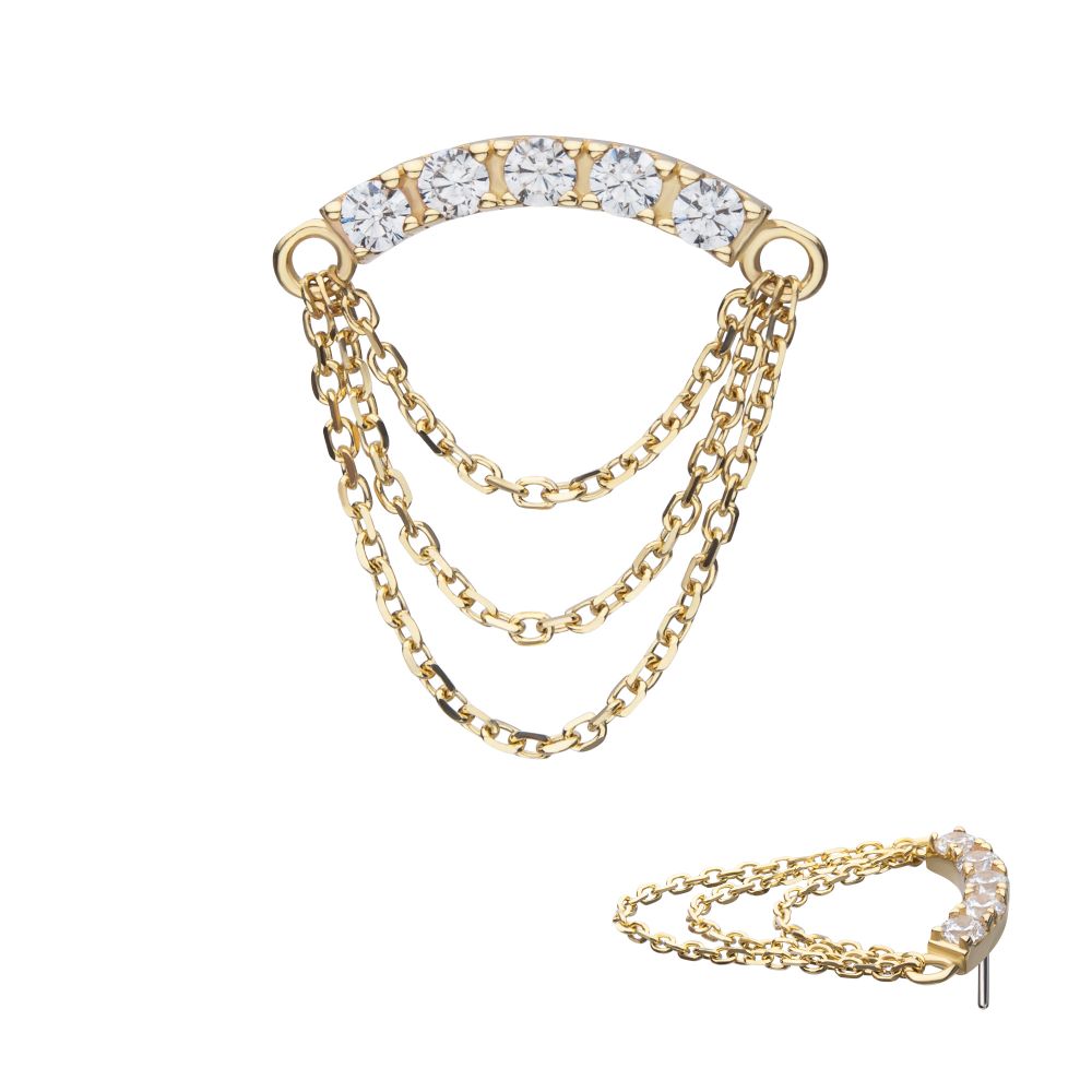 14Kt Yellow Gold Threadless Gem Curved Bar Top with 3-Tier Chain Dangle