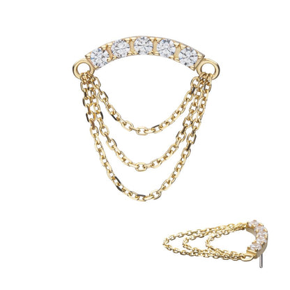 14Kt Yellow Gold Threadless Gem Curved Bar Top with 3-Tier Chain Dangle