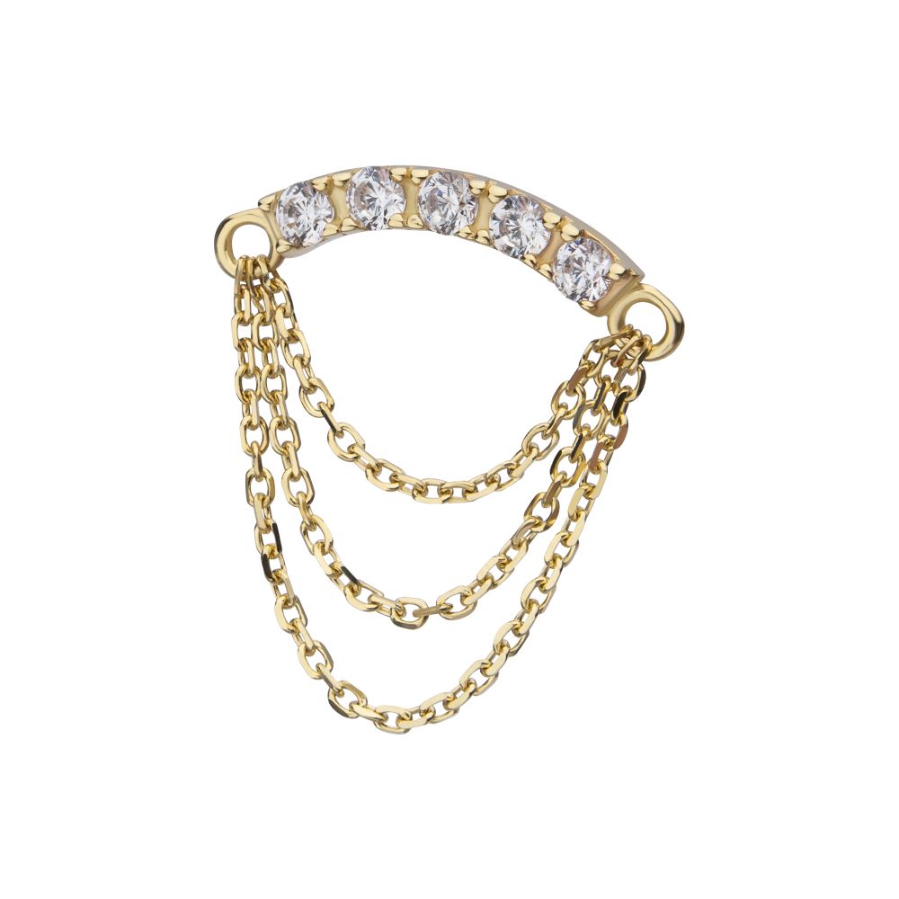 14Kt Yellow Gold Threadless Gem Curved Bar Top with 3-Tier Chain Dangle