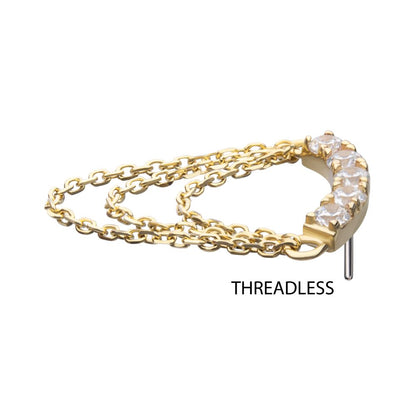 14Kt Yellow Gold Threadless Gem Curved Bar Top with 3-Tier Chain Dangle