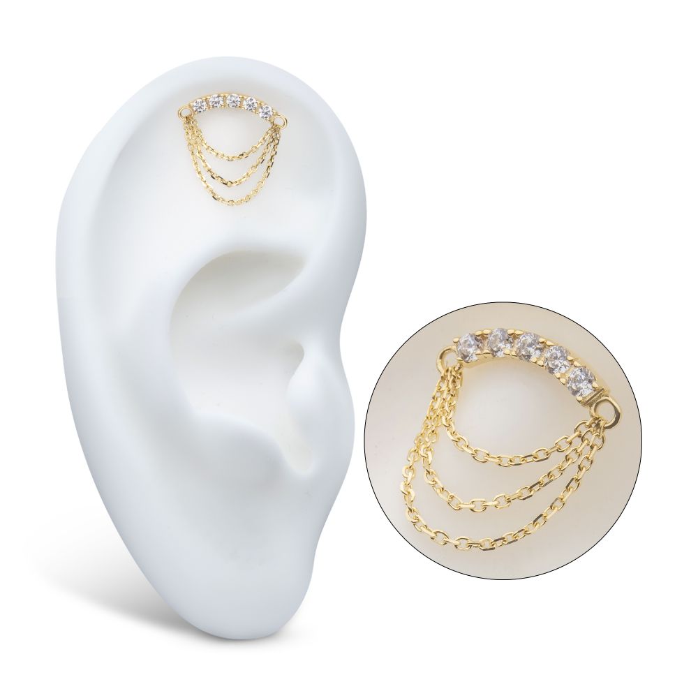 14Kt Yellow Gold Threadless Gem Curved Bar Top with 3-Tier Chain Dangle