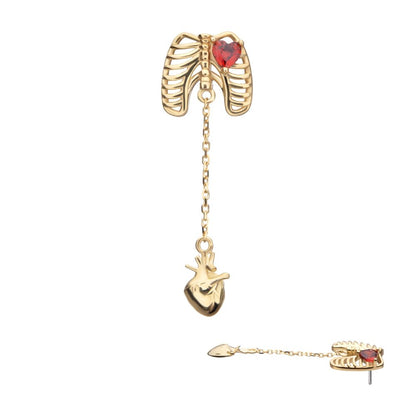 14Kt Yellow Gold Threadless Heart Gem Rib Cage Top with Anatomical Heart Dangle