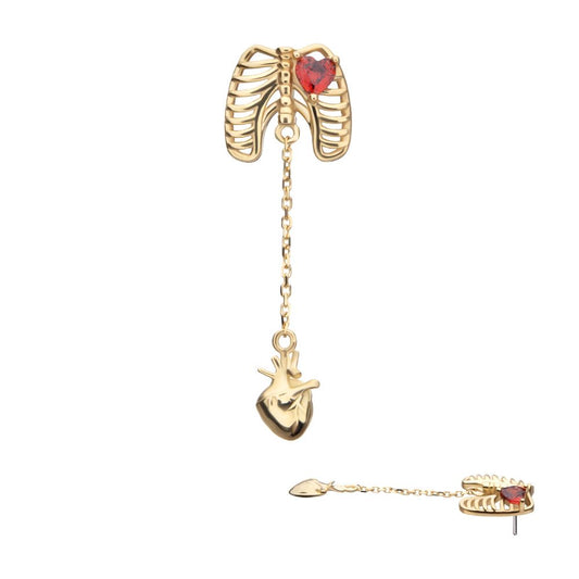 14Kt Yellow Gold Threadless Heart Gem Rib Cage Top with Anatomical Heart Dangle
