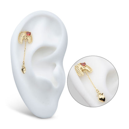 14Kt Yellow Gold Threadless Heart Gem Rib Cage Top with Anatomical Heart Dangle