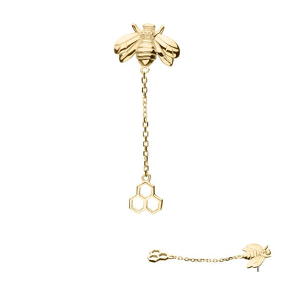14kt Yellow Gold Threadless Honeycomb Top with Bee Chain Dangle