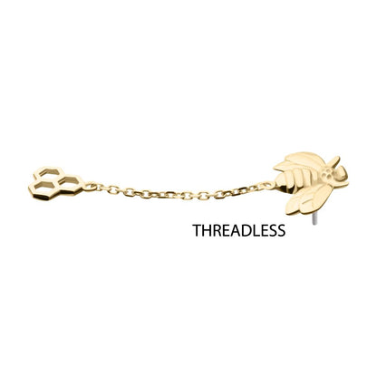 14kt Yellow Gold Threadless Honeycomb Top with Bee Chain Dangle