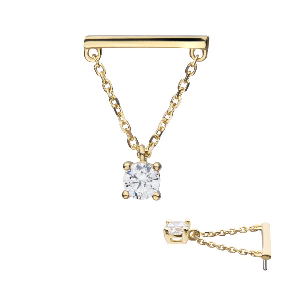14Kt Yellow Gold Threadless Bar Top with 4-Prong Gem Dangle
