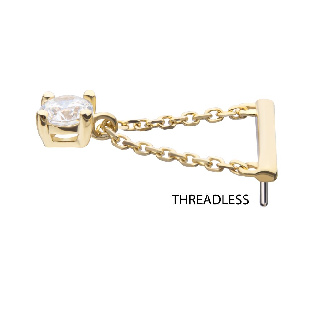 14Kt Yellow Gold Threadless Bar Top with 4-Prong Gem Dangle