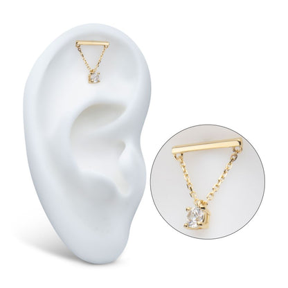 14Kt Yellow Gold Threadless Bar Top with 4-Prong Gem Dangle