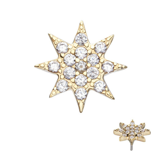 14Kt Yellow Gold Threadless Pave Set Gem Octagram Star Top