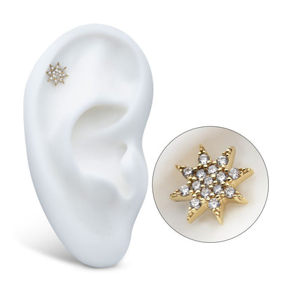 14Kt Yellow Gold Threadless Pave Set Gem Octagram Star Top