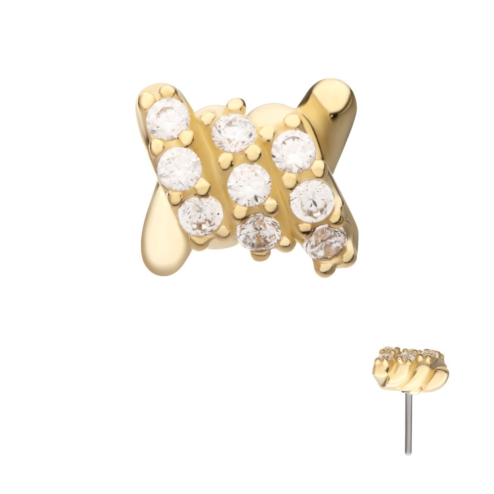 14Kt Yellow Gold Threadless Pave Set Gem Barbed Wire Knot Top