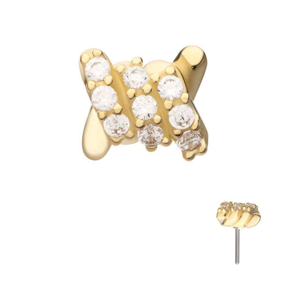 14Kt Yellow Gold Threadless Pave Set Gem Barbed Wire Knot Top