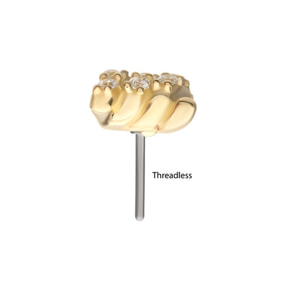 14Kt Yellow Gold Threadless Pave Set Gem Barbed Wire Knot Top