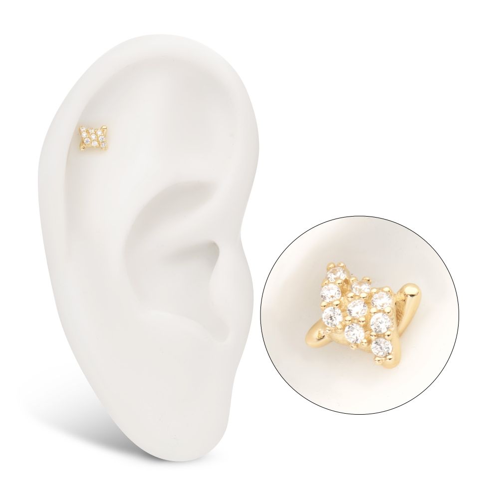 14Kt Yellow Gold Threadless Pave Set Gem Barbed Wire Knot Top