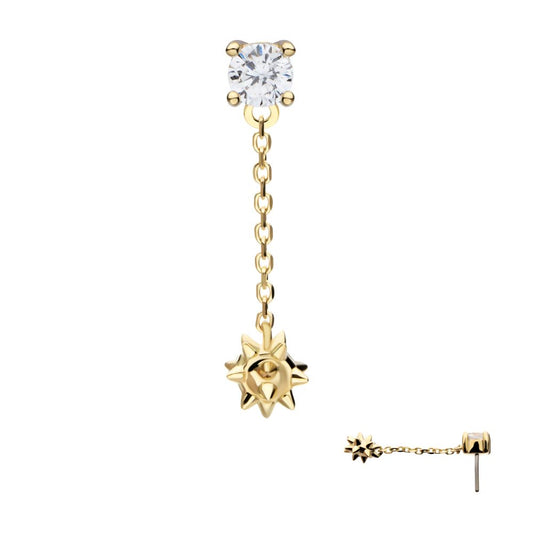 14Kt Gold Threadless Prong Set Gem Top with Mace Ball Dangle