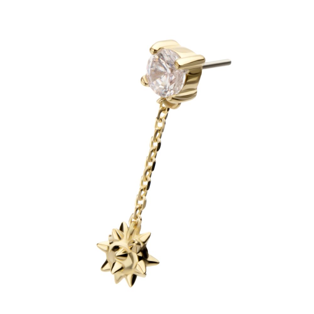14Kt Gold Threadless Prong Set Gem Top with Mace Ball Dangle