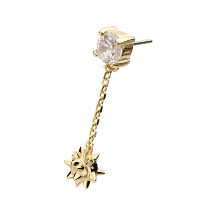 14Kt Gold Threadless Prong Set Gem Top with Mace Ball Dangle